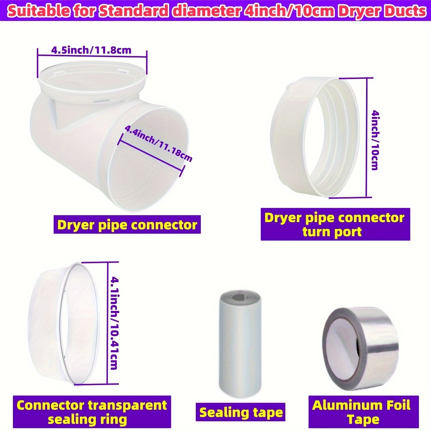Laundry Dryer Duct Connection Kit, 10.16cm Indoor Vent With Bracket