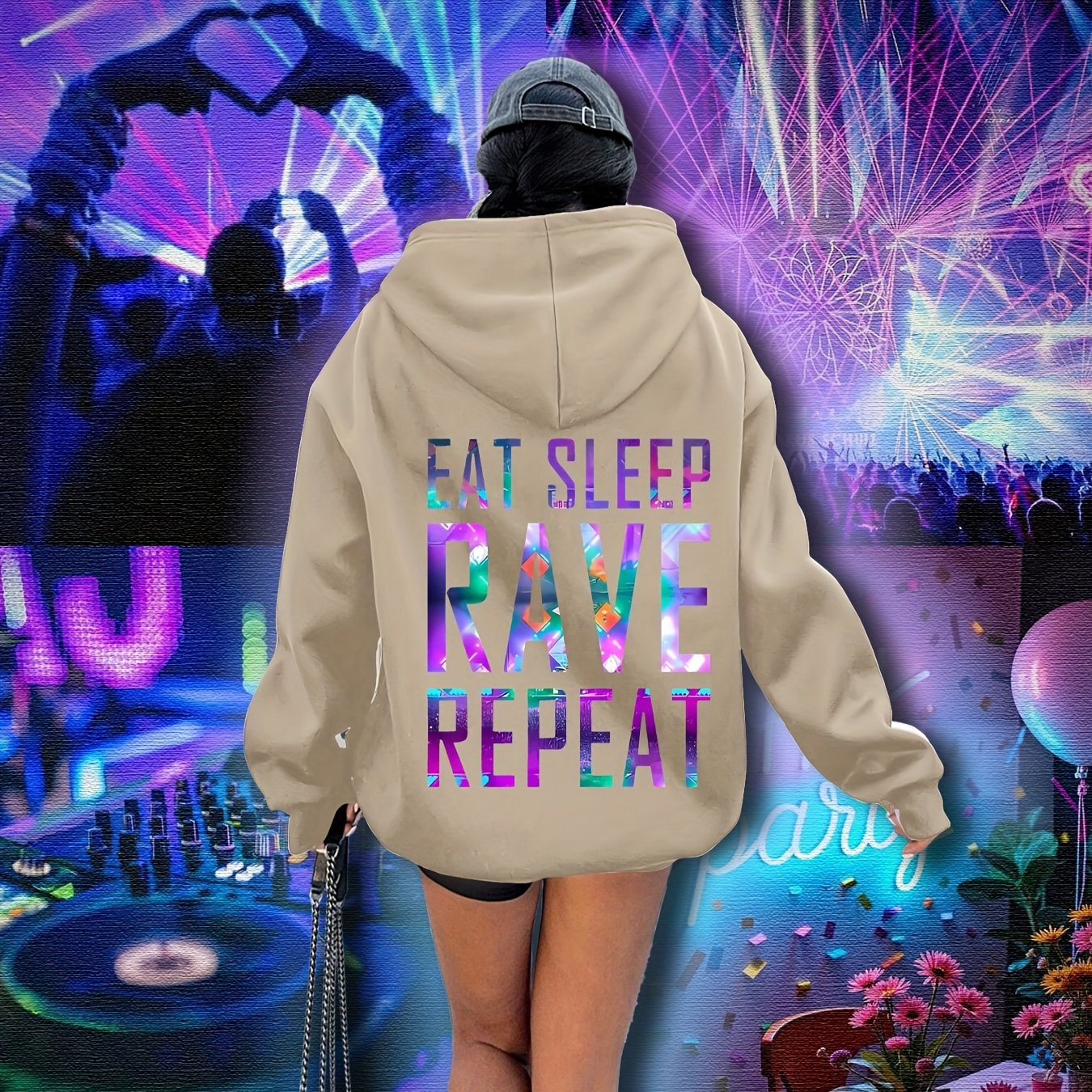 Sudadera con capucha gráfica de talla grande para mujer, festival de música rave, luces, casual, de sobreponer