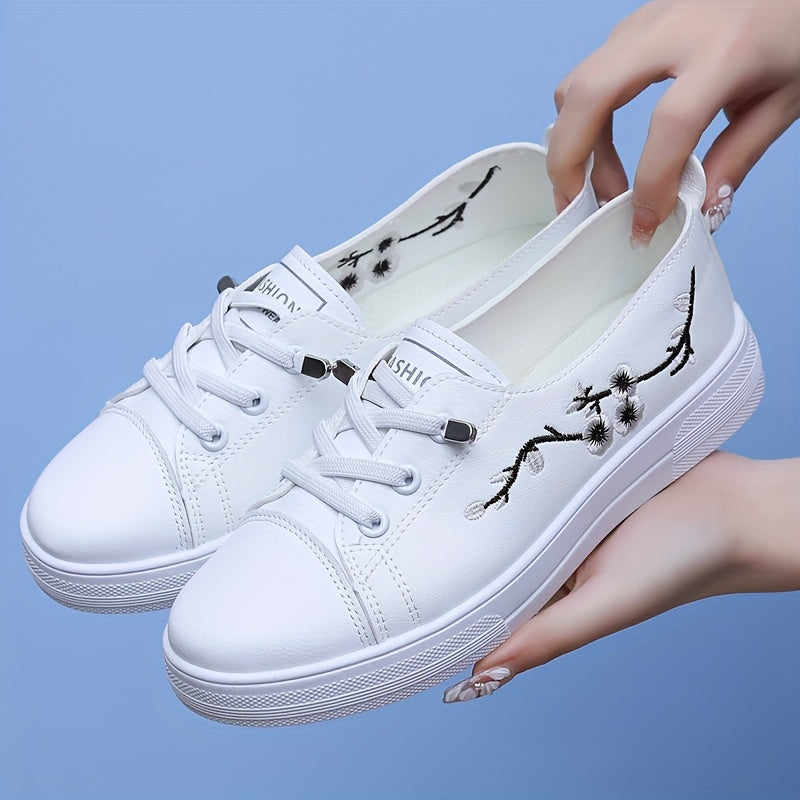 Women’s Floral Embroidery Sneakers Casual Slip-On Microfiber All-Season