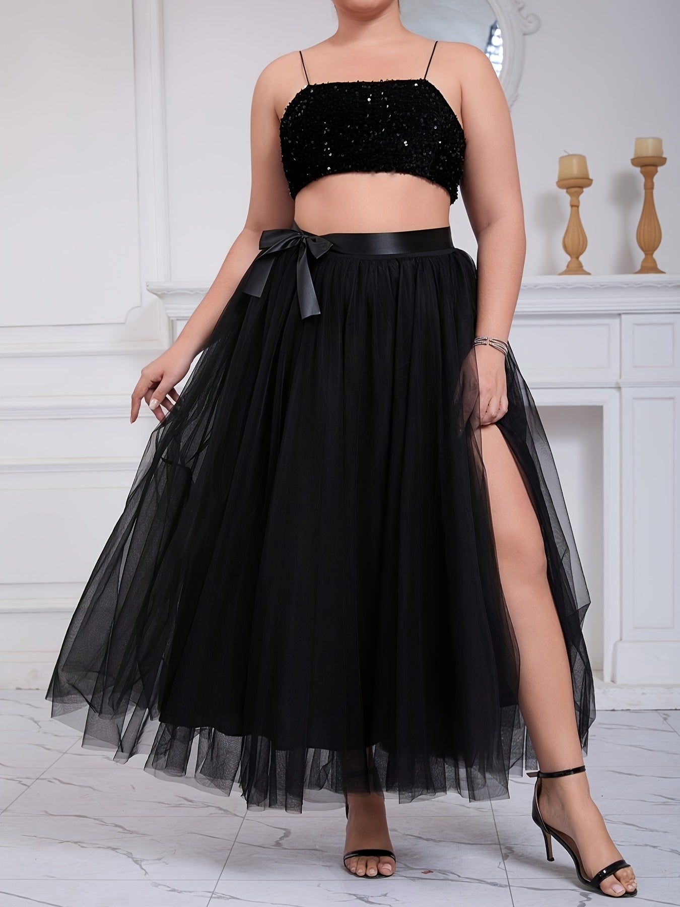 Plus Size Women's Elegant Black Tulle A-Line Skirt With Slit for Formal Wear