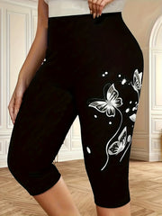 Pantalones capri de mujer con estampado de mariposas, ajustados, casual, en negro y blanco