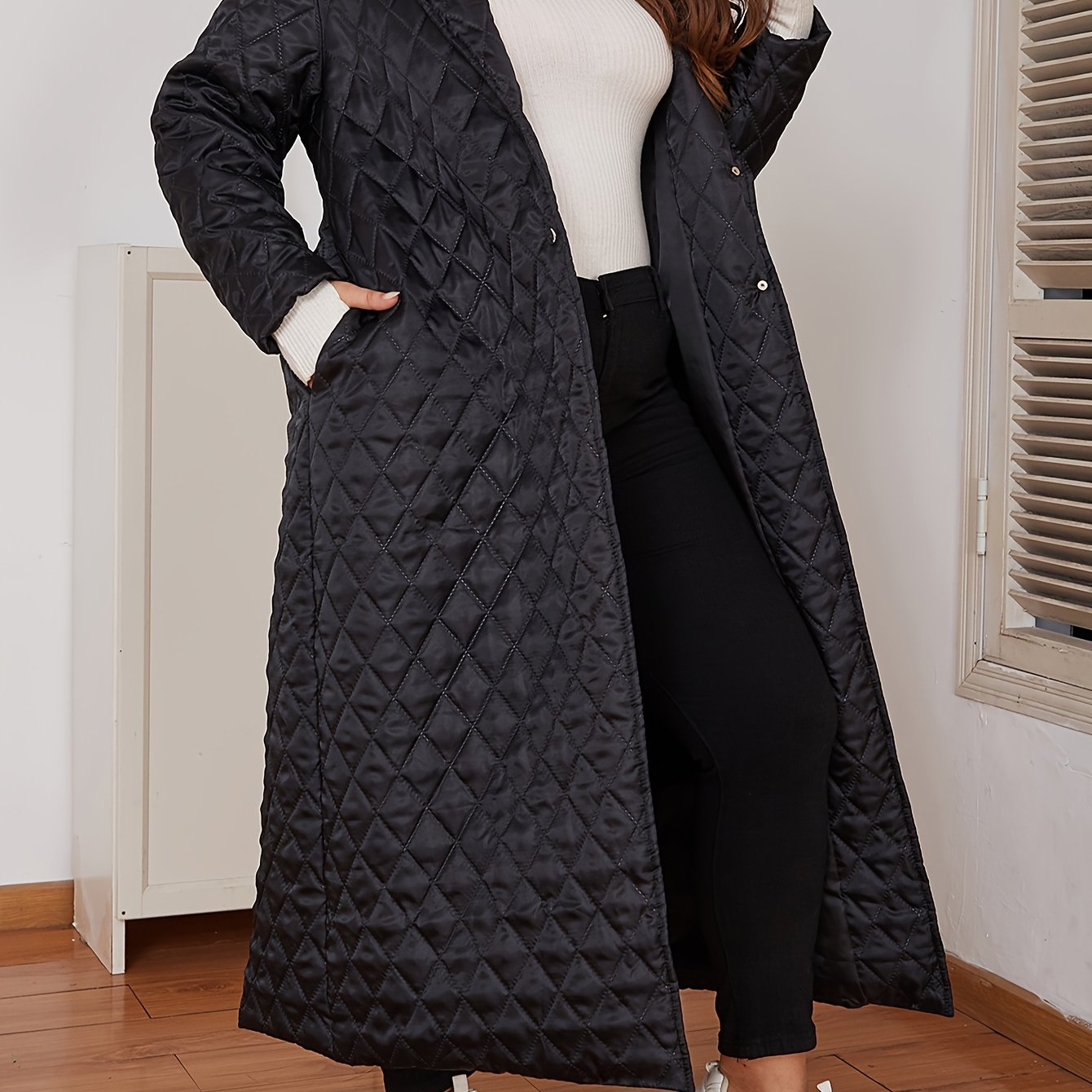 Plus Size Long Coat for Fall Winter Polyester V-Neck Solid Color Casual