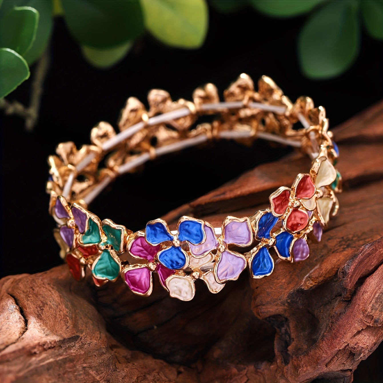 Women’s Enamel Flower Bracelet 18K Gold Plated Zinc Alloy Stretch Bangle Jewelry