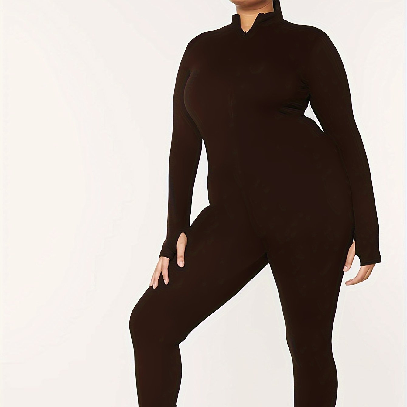 Plus Size Women's Solid Zip Up Long Sleeve Jumpsuit