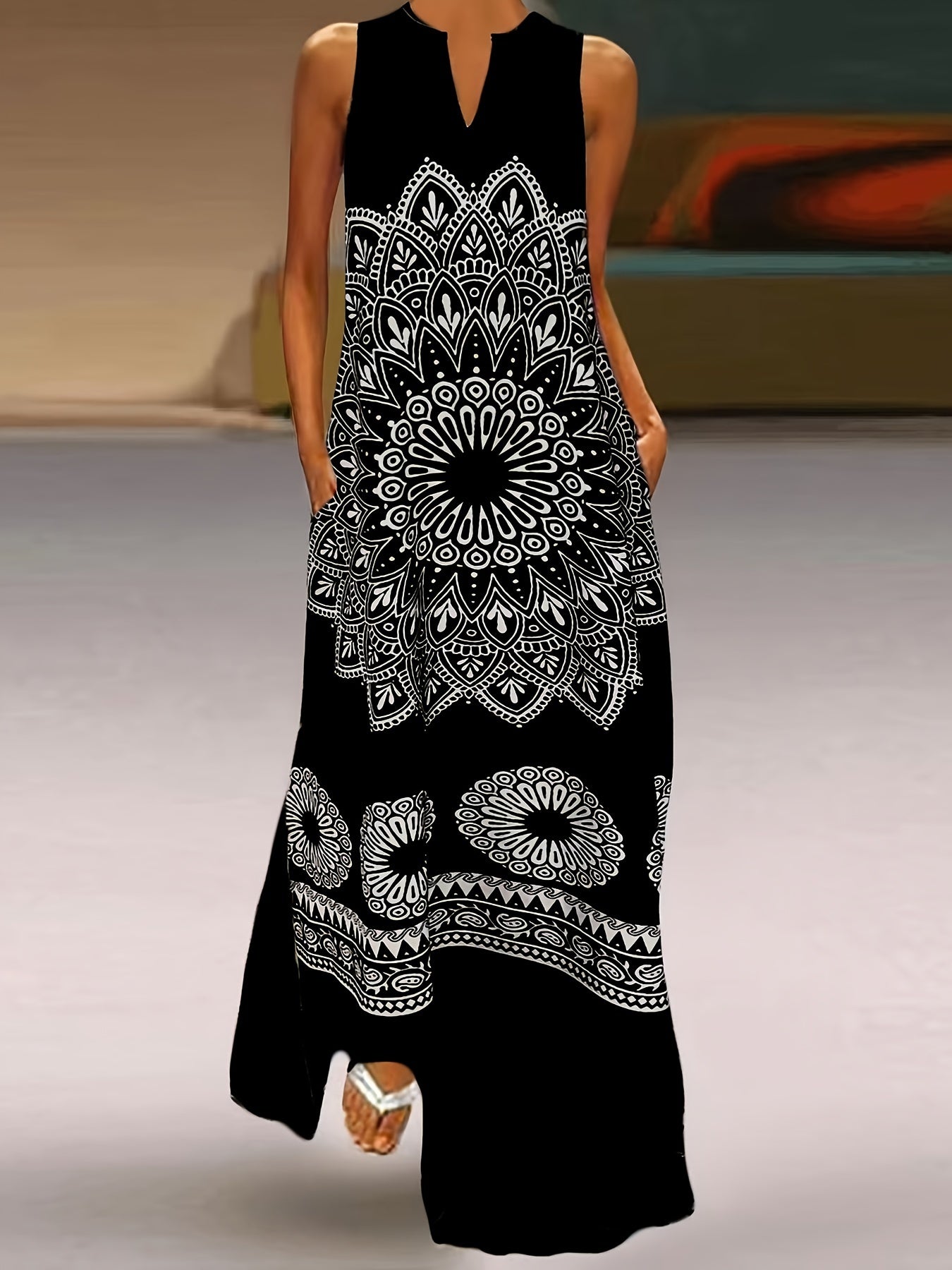 Women's Sleeveless V-Neck Maxi Dress with Pockets Polyester All-Season A-Line