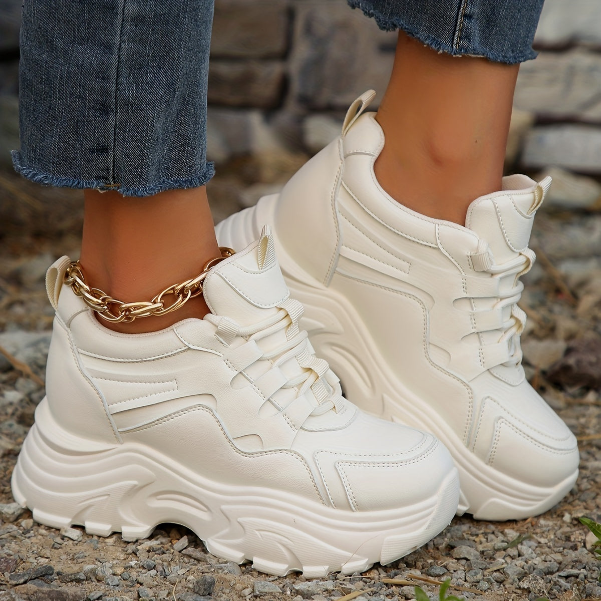 Women's White Platform Sneakers Casual Lace-Up Thick Sole All-Season