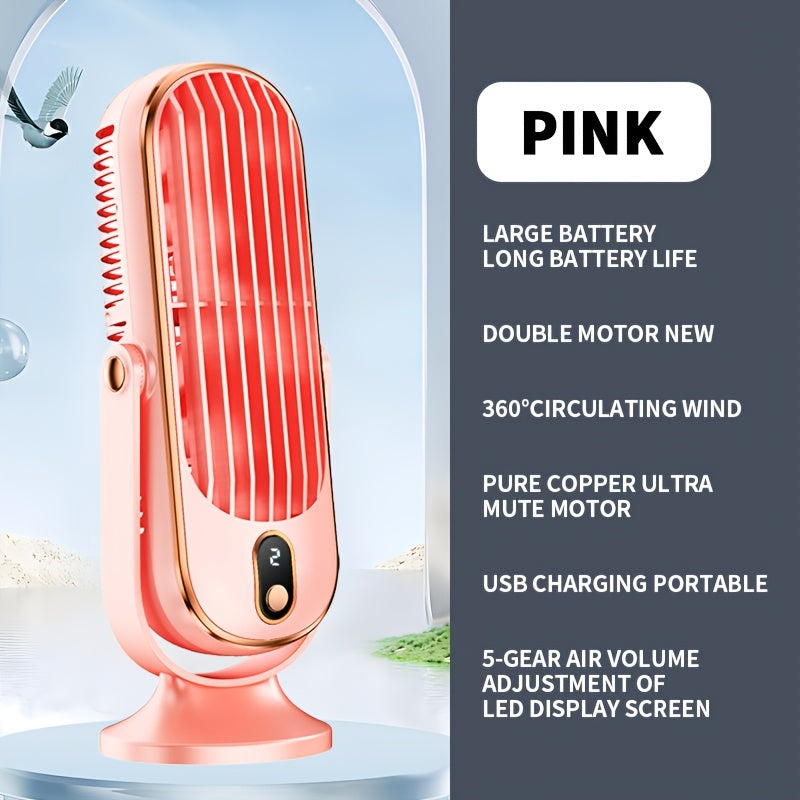 720° Oscillation Table Fan with Dual Motors, 5-Speed, USB Charging