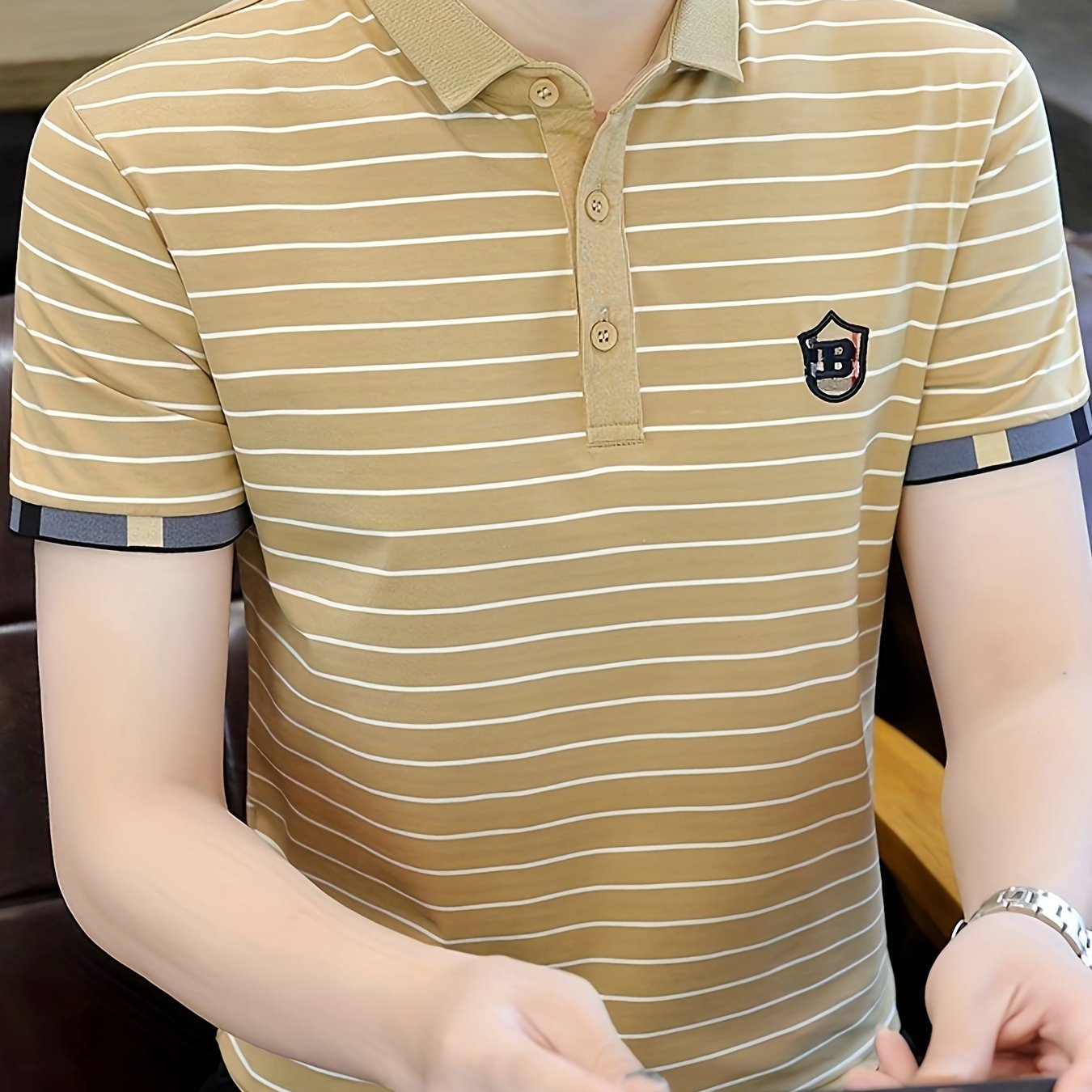 Men's Striped Cotton Golf Shirt Short Sleeve Embroidered Print Casual Lapel Summer Outdoor