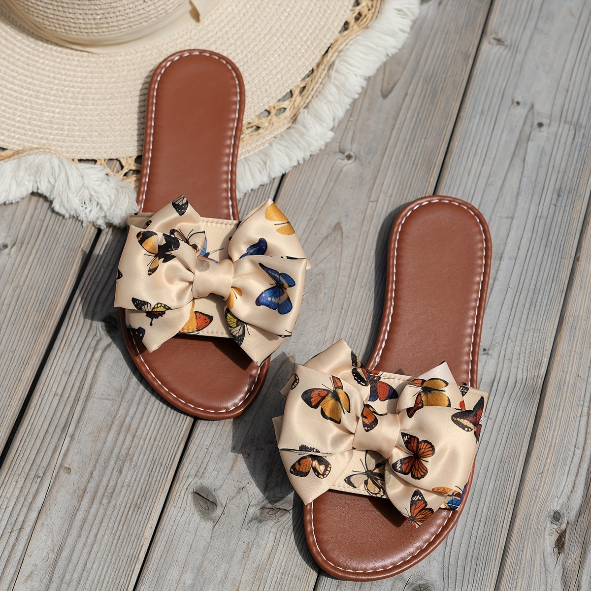Women's Butterfly Bowknot Slip-On Beach Slides Lightweight Flat Sandals