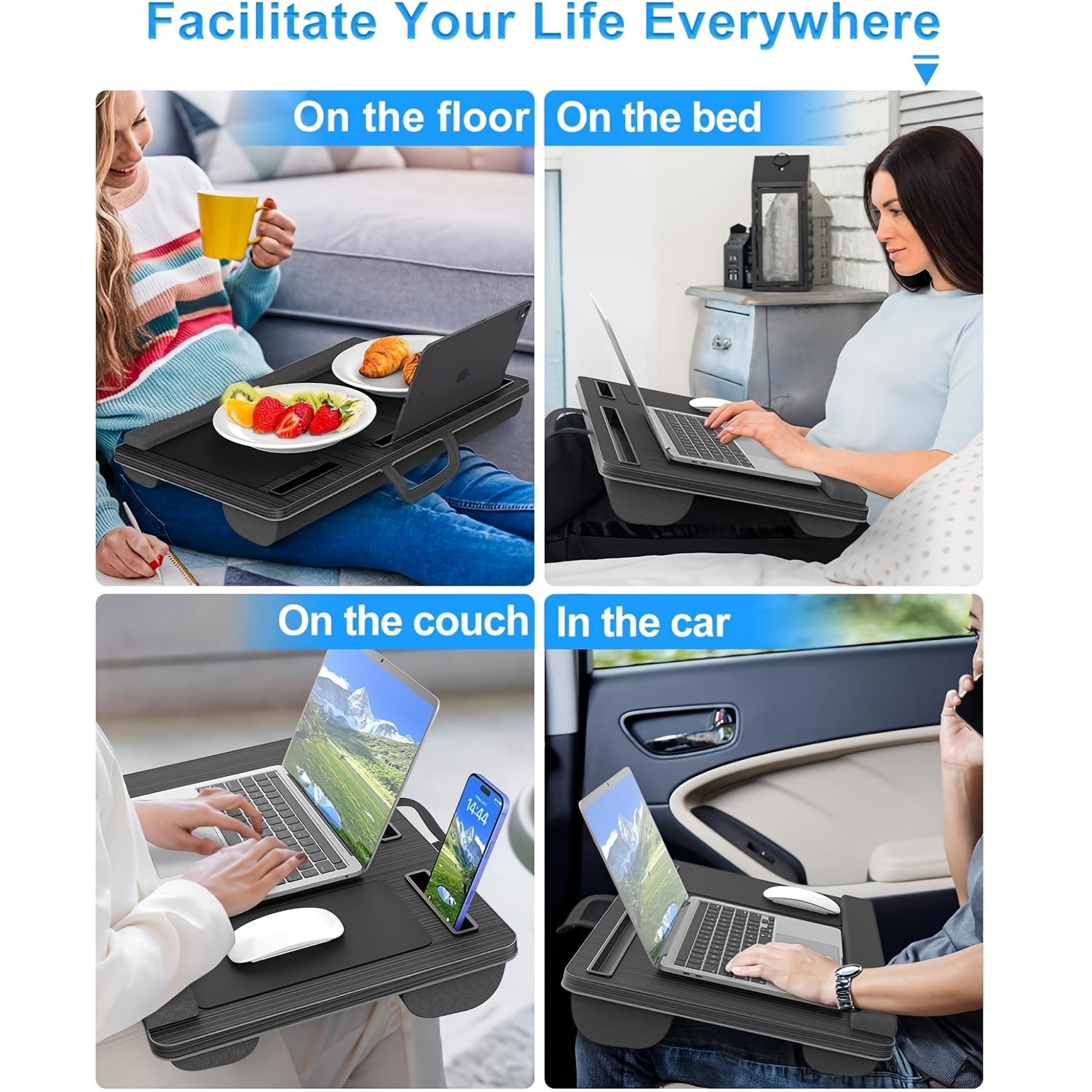 Большой портативный столик для ноутбука для взрослых с подставкой для запястья, ковриком для мыши, отсеком для телефона и ручкой, черный