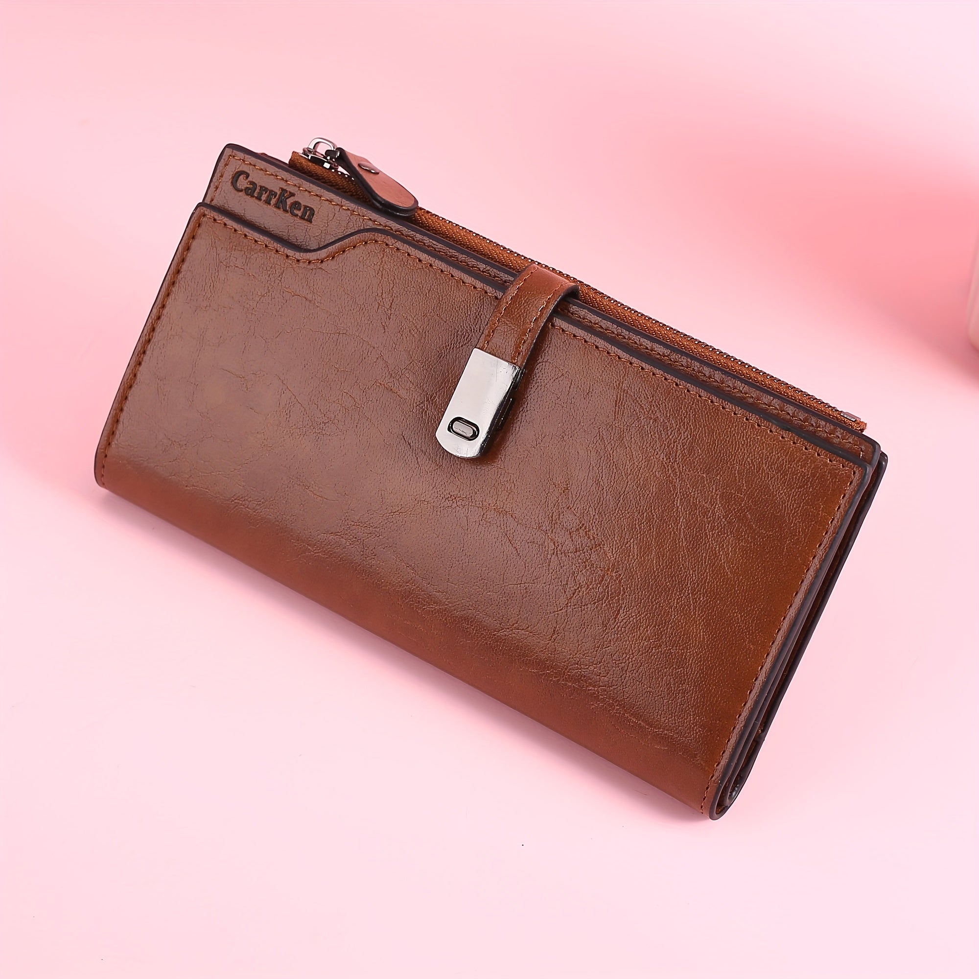 Women's Long Wallet with Buckle Closure Tri-Fold Card Slots Coin Purse Document Wallet