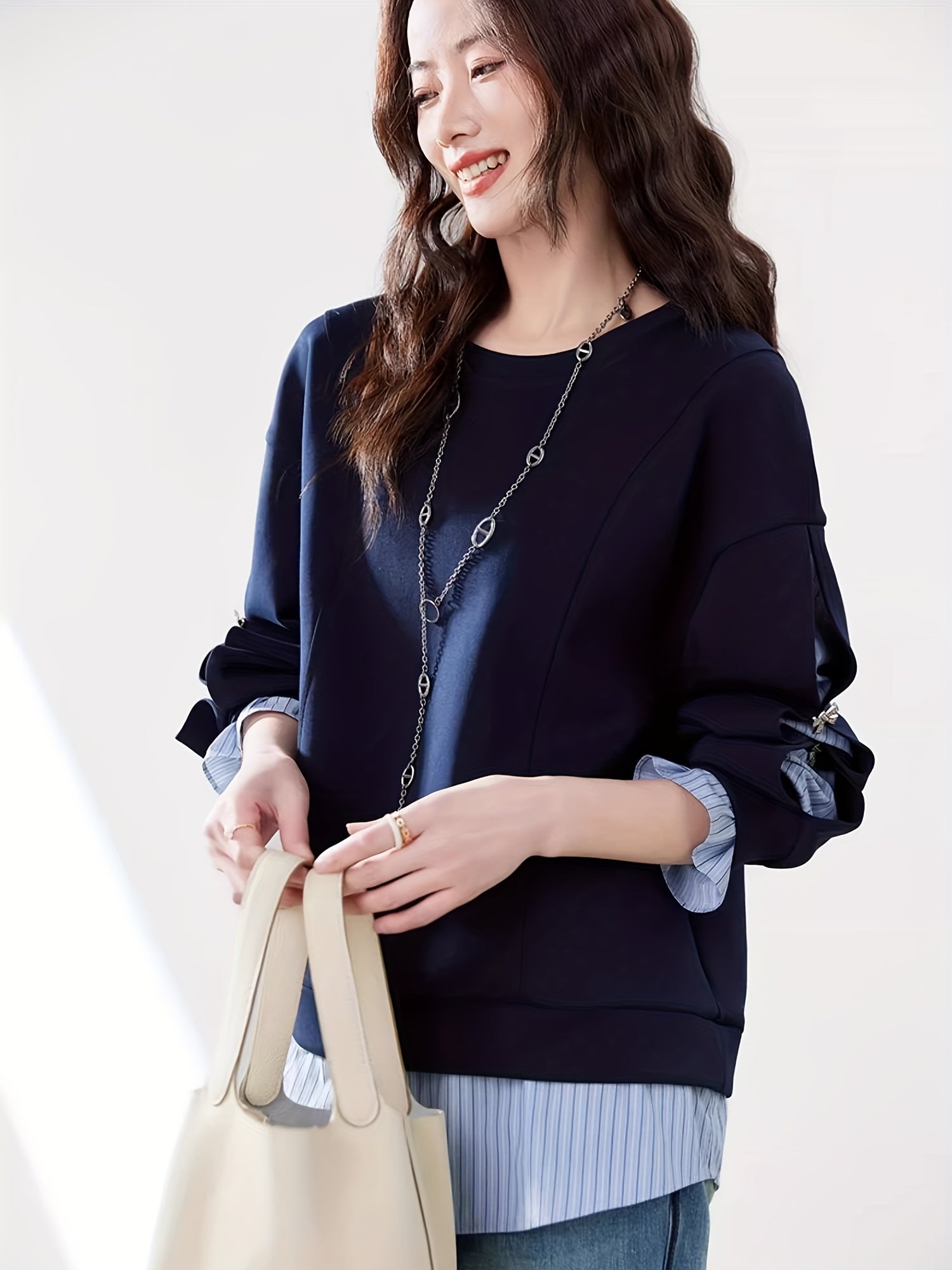Women's Navy Blue Floral Sweater Rayon Blend Loose-Fit Pullover