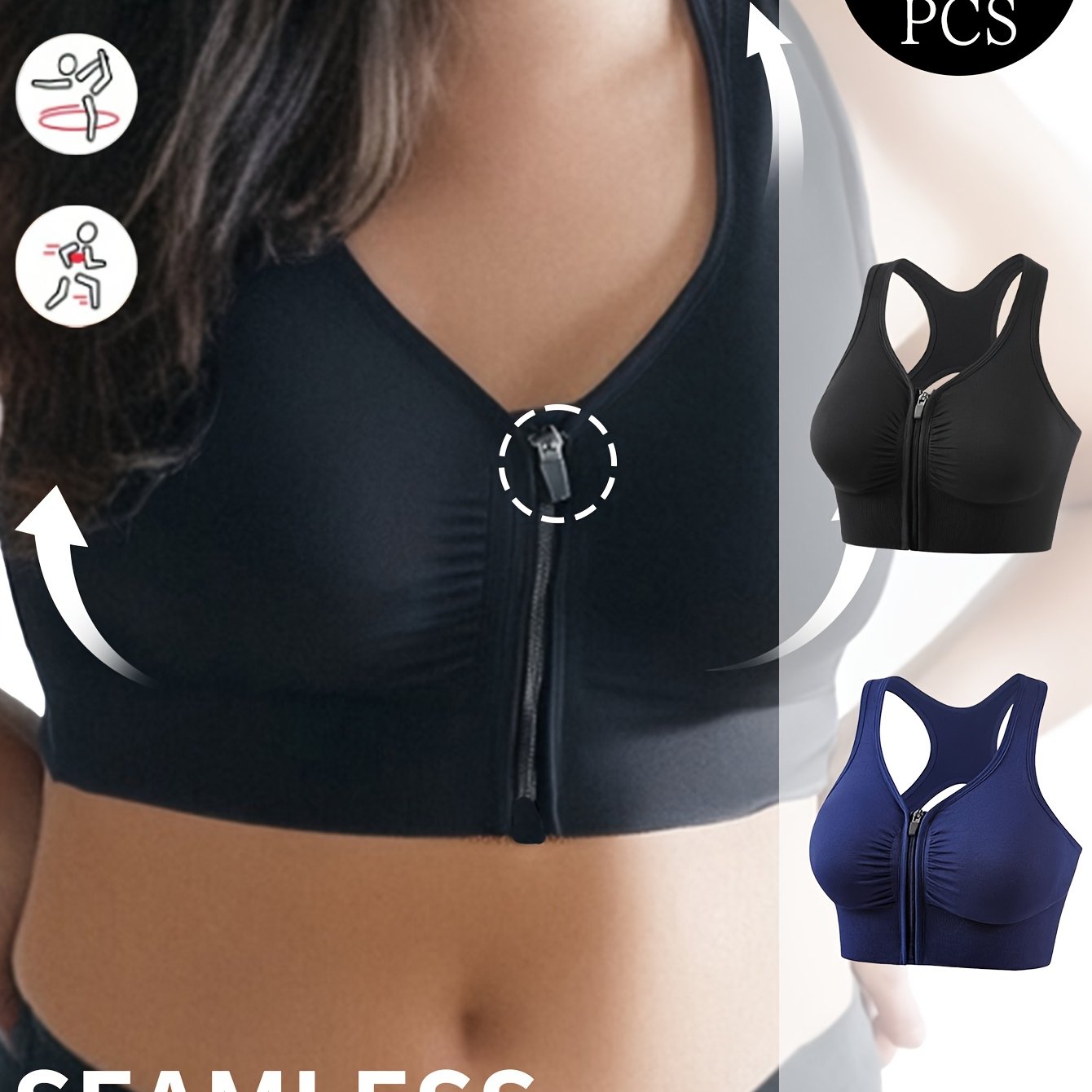 Women Plus Size Seamless Breathable Sports Bras Zipper Front Black Navy