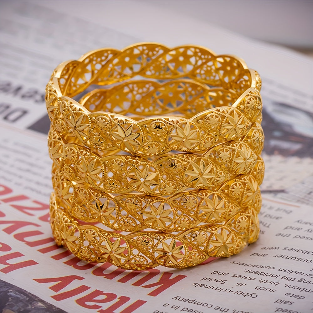Set of 4 Gold-Plated Copper Open Cuff Bracelets for Women Adjustable Bangle Jewelry