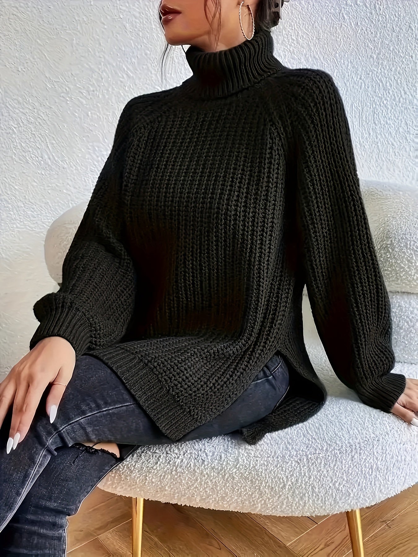 Suéter de punto de cuello alto para mujer talla grande de manga larga, casual para otoño e invierno