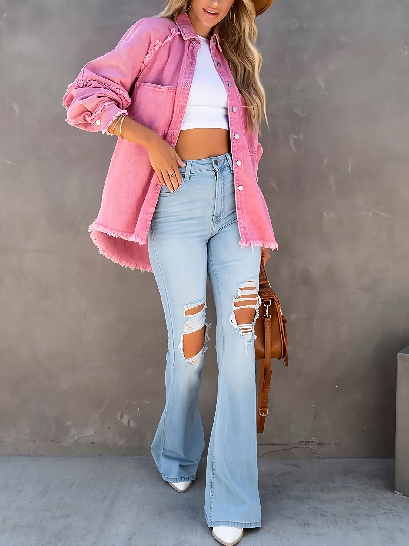 Chaqueta de mezclilla para mujer talla grande naranja con dobladillo deshilachado, detalles rasgados, para otoño e invierno