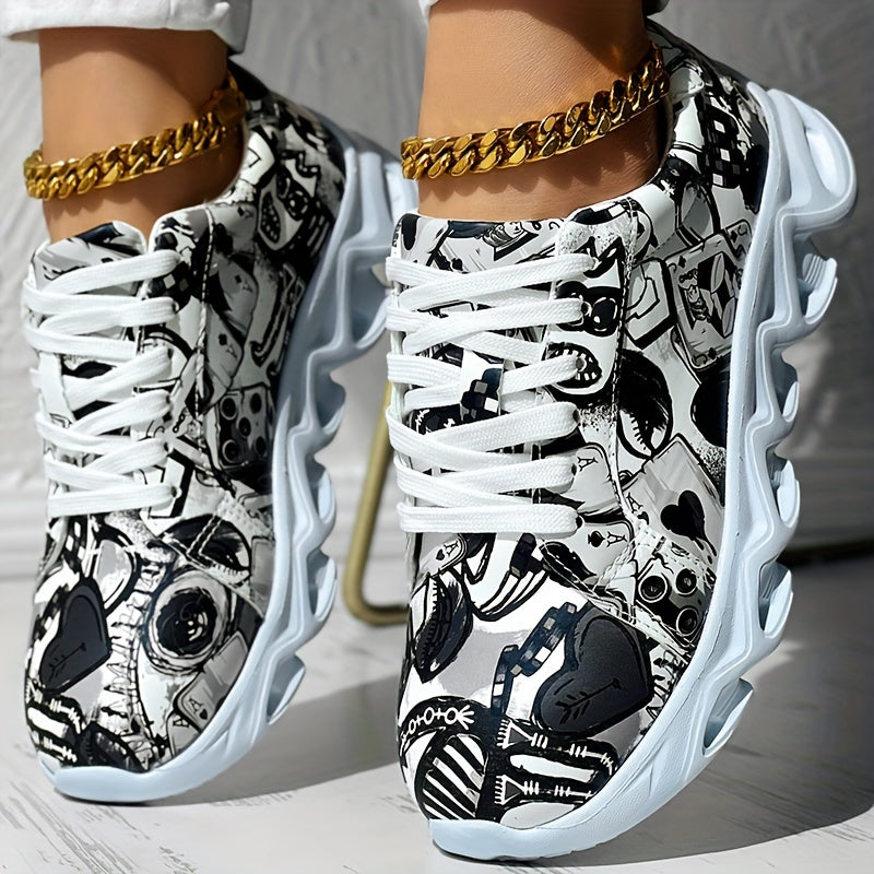 Women's Canvas Sneakers Casual Low Top Outdoor Shoes with Graffiti Pattern