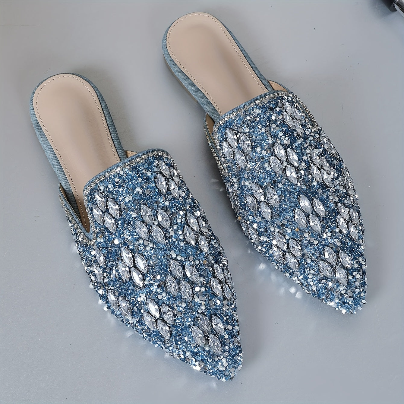 Women's Rhinestone Loafers with Fabric Upper Non-Slip Rubber Sole Flat Heel