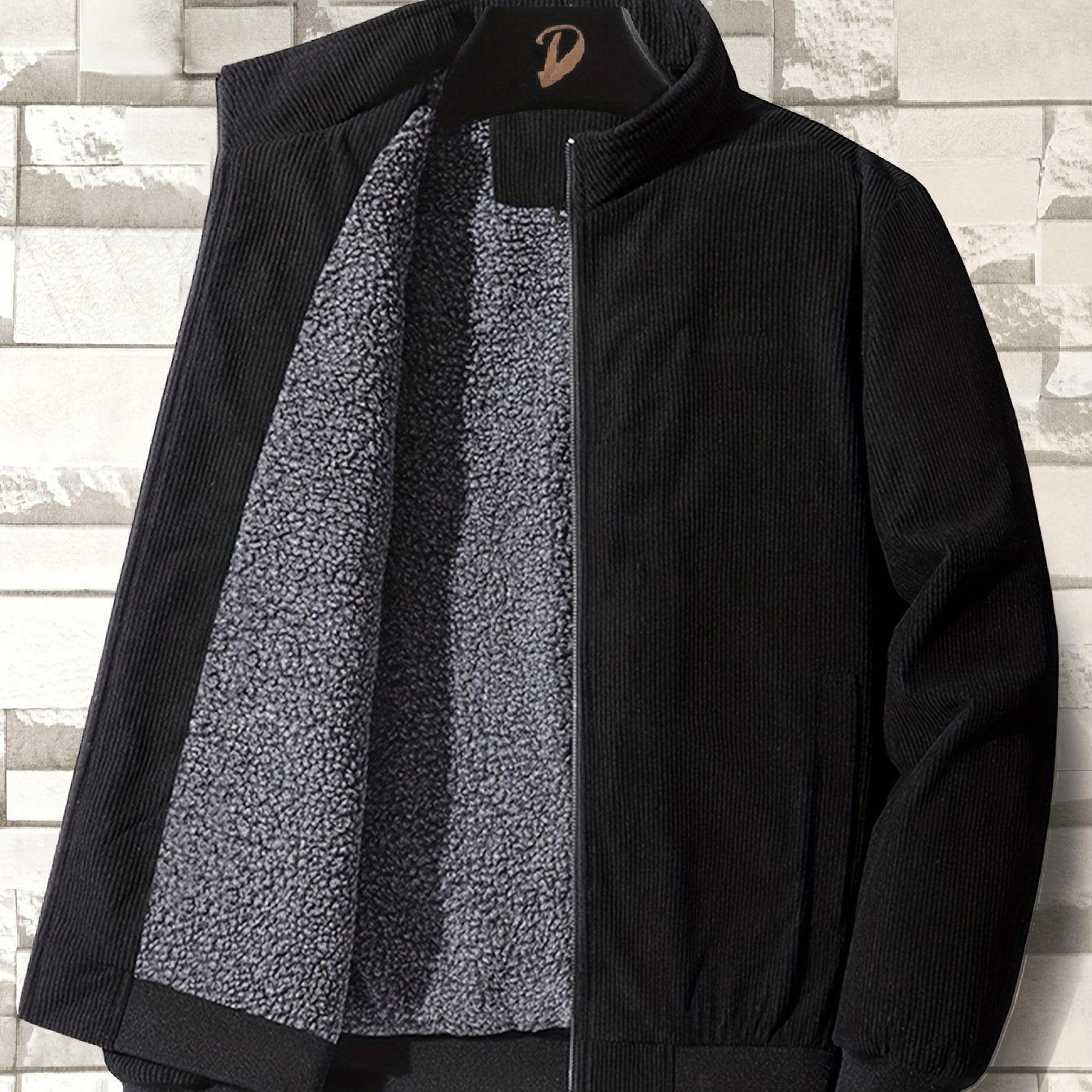 Chaqueta de pana para hombre con forro de felpa, cuello alto, corte regular, otoño e invierno