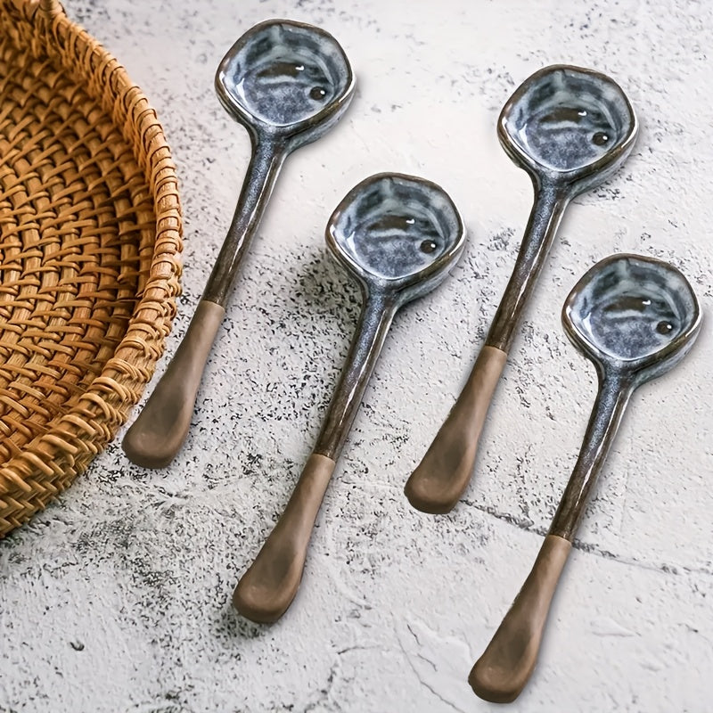 Set of 4 Retro European Ceramic Coffee Spoons Heat-Resistant Stirring Utensils