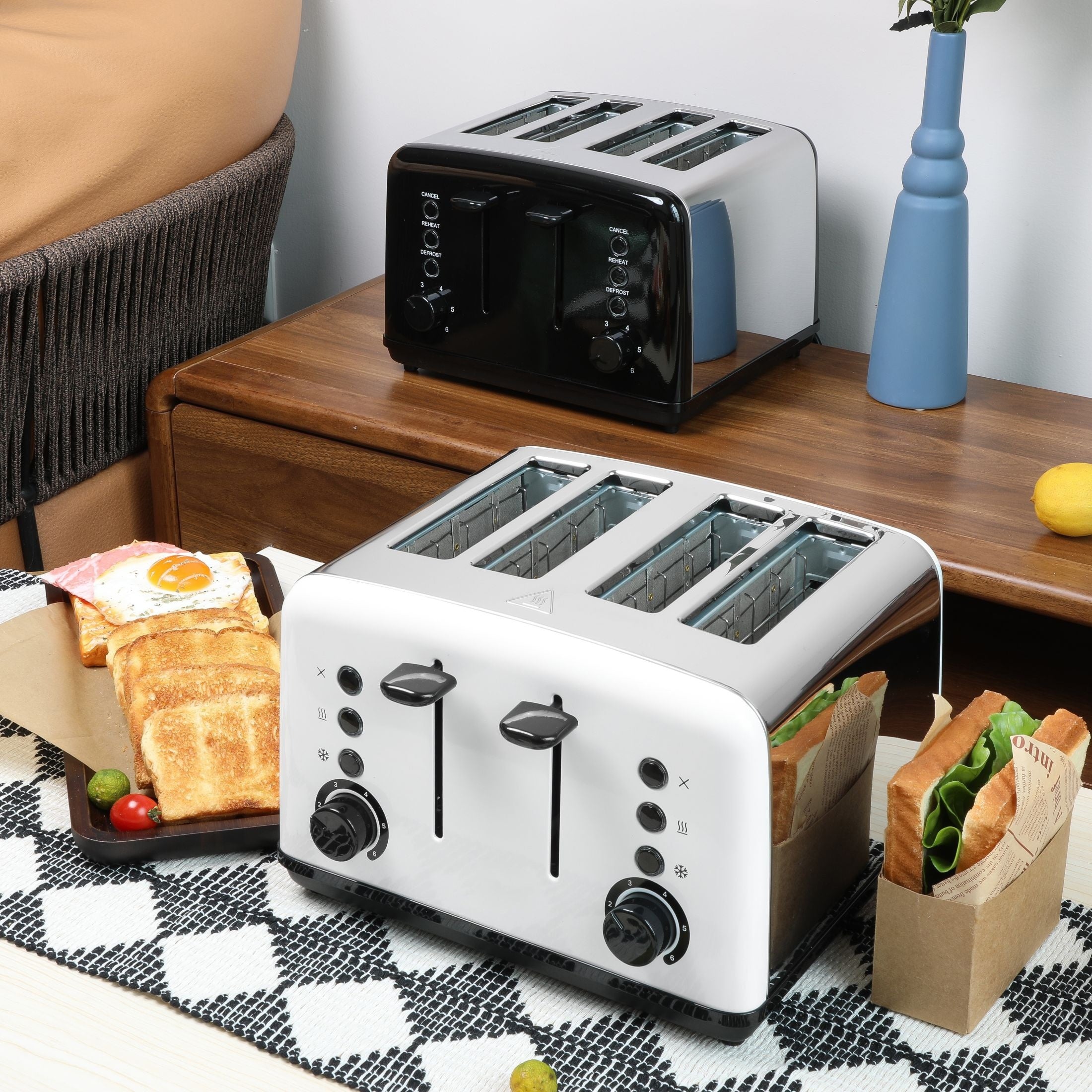 1 шт. ретро тостер из нержавеющей стали на 4 ломтика с рычагом высокого подъема, широкими прорезями, съемным лотком, множеством функций, 6 режимами обжарки, автоматическим отключением, направляющими для прорезей - варианты белый и черный