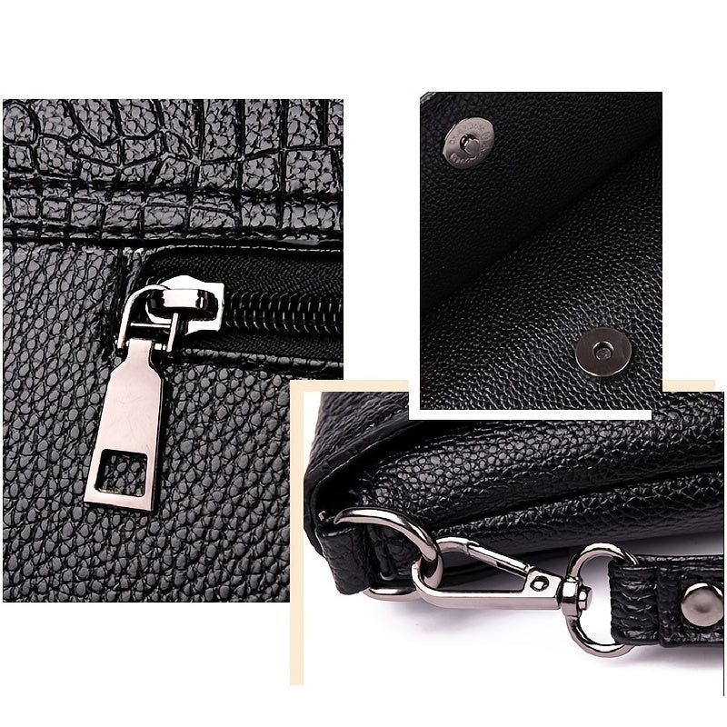 Women's Crocodile Pattern Crossbody Bag and Clutch with Phone Wallet Black PU Urban Style