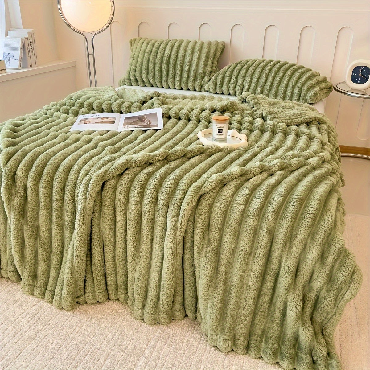 Striped Plush Throw Blanket for Couch Bed All-Season Warmth