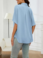 Plus Size Women's Casual Blouse Solid Button Up Bat Sleeve Turn Down Collar