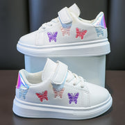 Girls White Sneakers with Strap Embroidered Butterfly Low Top Rubber Sole