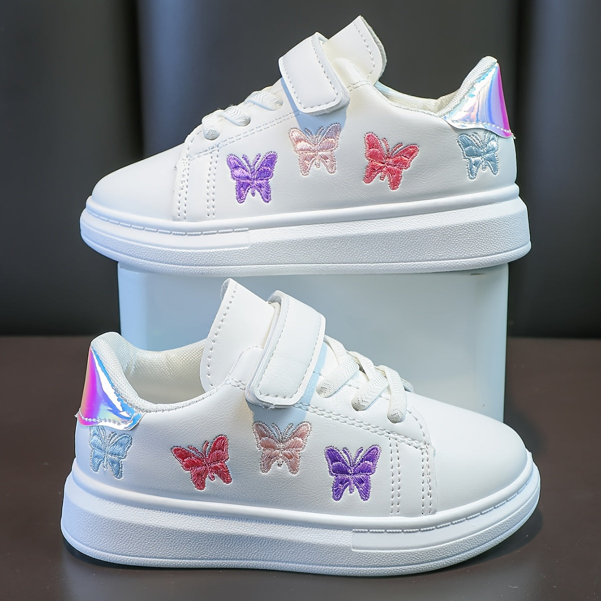 Girls White Sneakers with Strap Embroidered Butterfly Low Top Rubber Sole