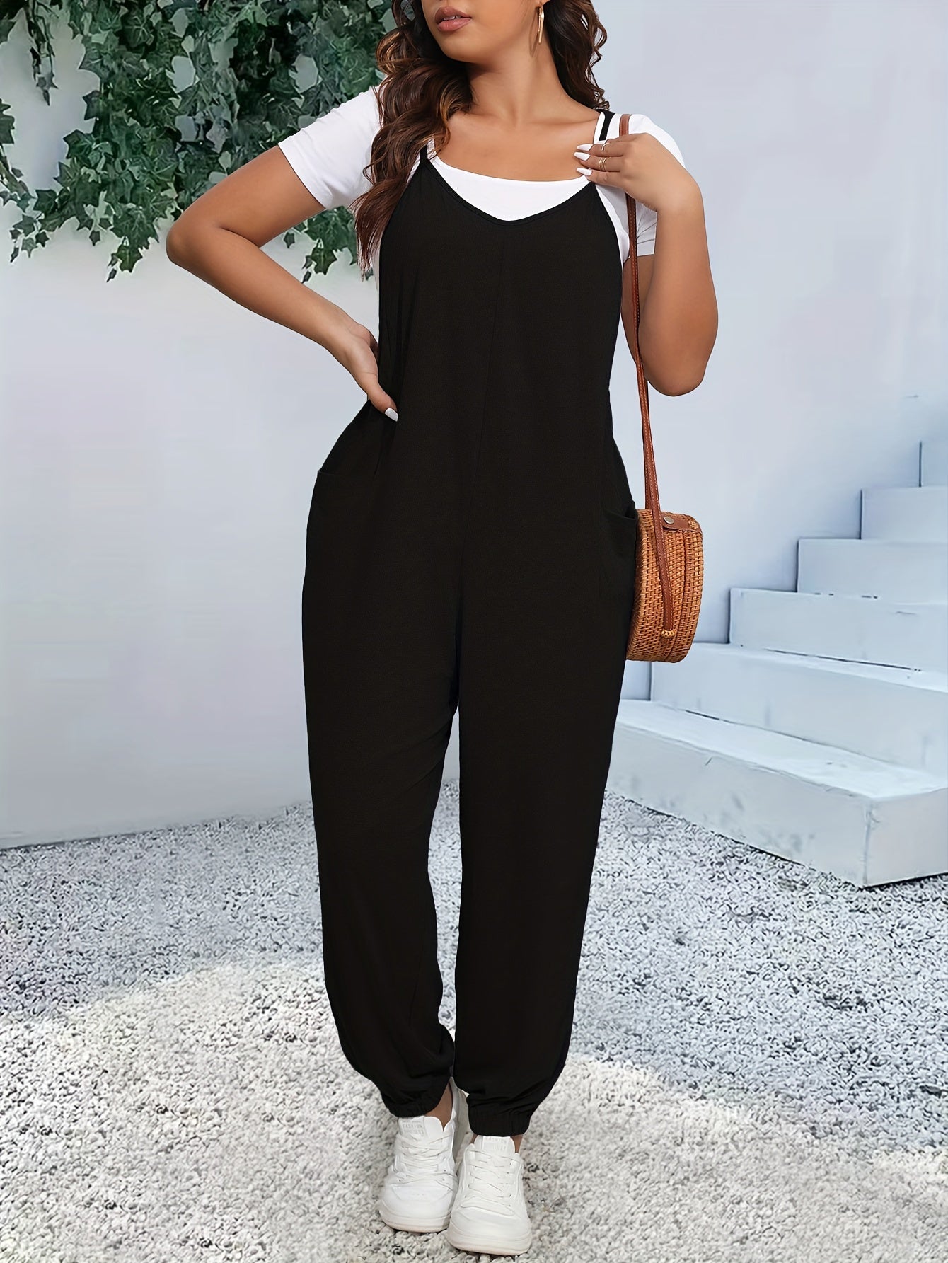 Plus Size Casual V-Neck Jumpsuit with Pockets Polyester Knit Spring Summer Fall