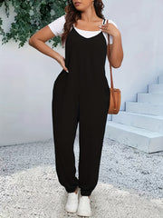Plus Size Casual V-Neck Jumpsuit with Pockets Polyester Knit Spring Summer Fall