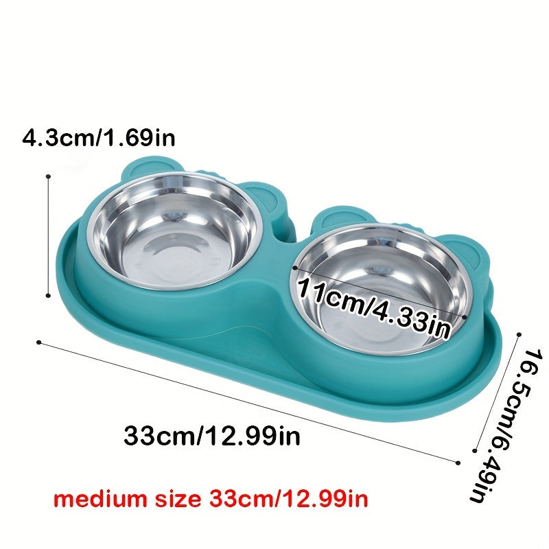 Stainless Steel Double Dog Bowls Set on Spill-Proof Stand for Drinking and Feeding