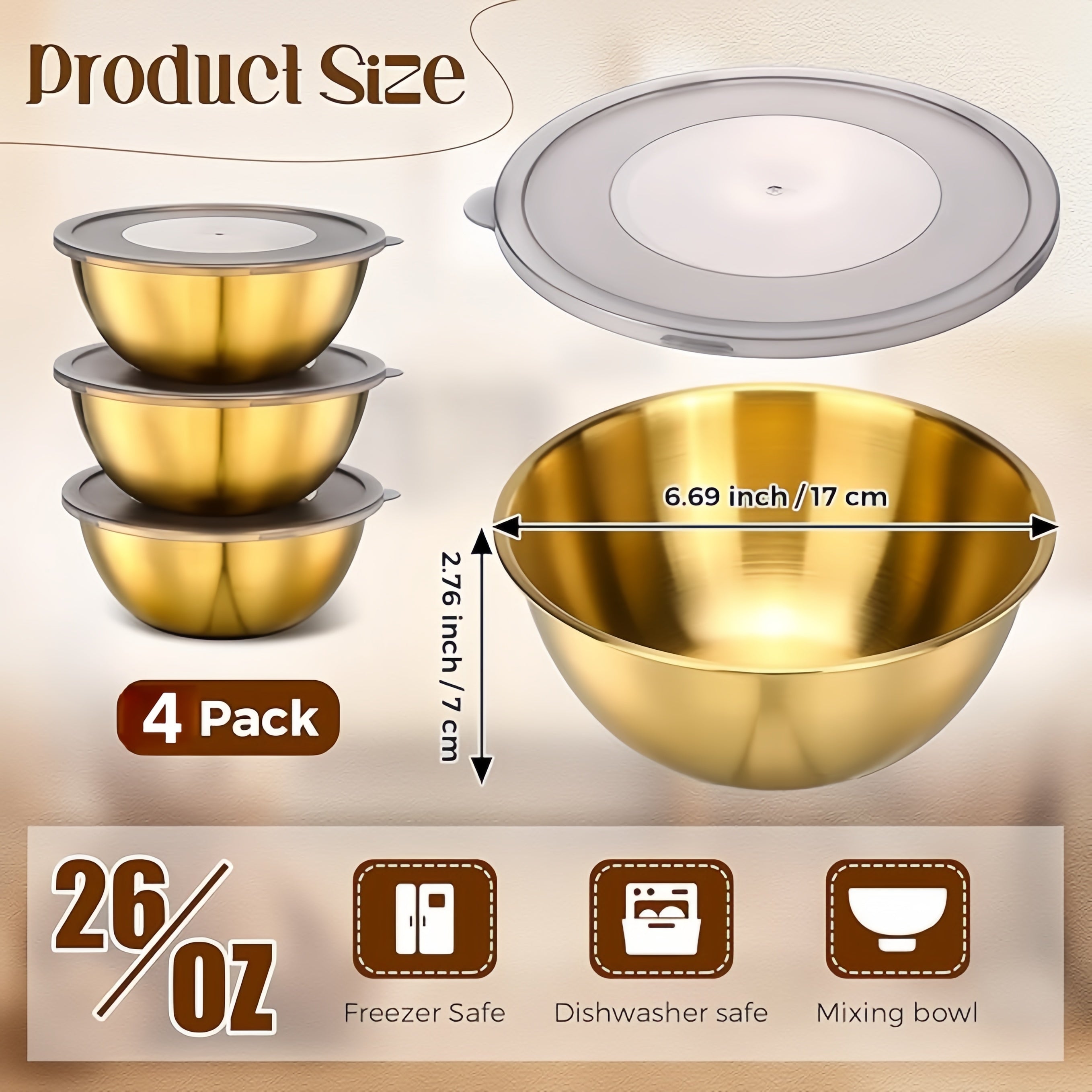 4pcs Gold Stainless Steel Mixing Bowls with Airtight Lids 17cm Salad Fruit Soup