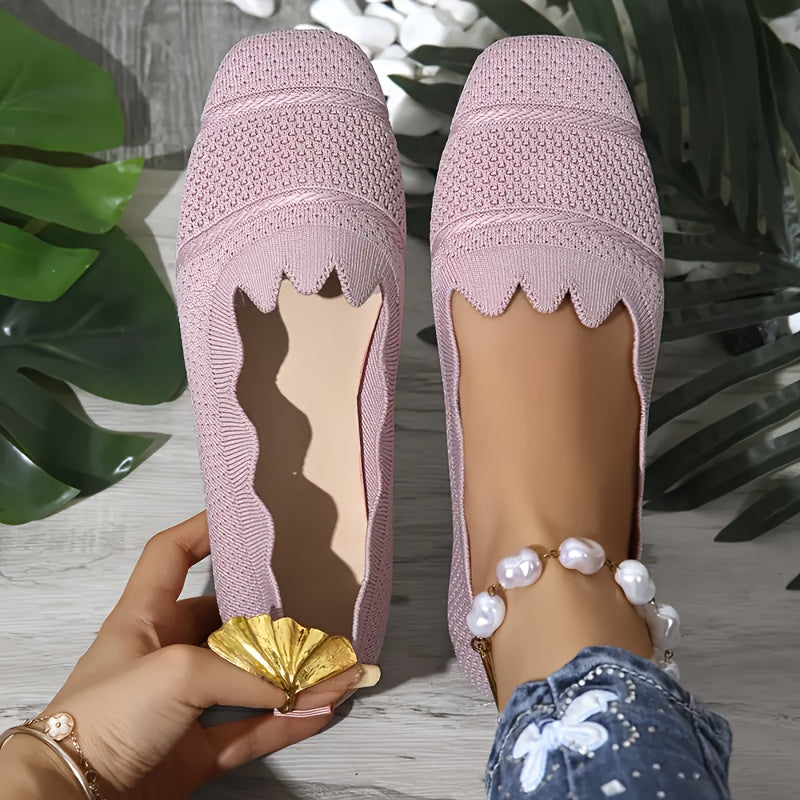 Zapatos planos casuales de punto con cordones y punta cuadrada negras para mujer