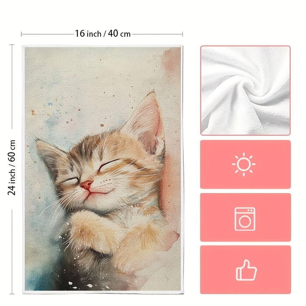 Set of 2 Ultra-Soft Kitchen Towels with Dreaming Kitten Design, Highly Absorbent