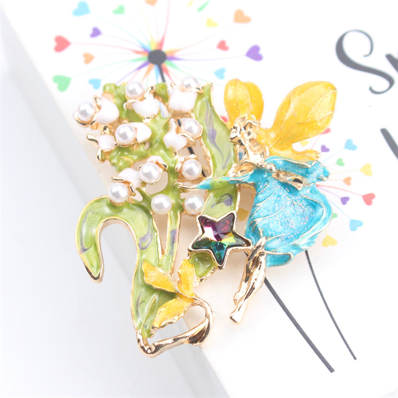 Minimalist Angel Fairy Enamel Brooch with Resin Flowers Irregular Shape Jewelry