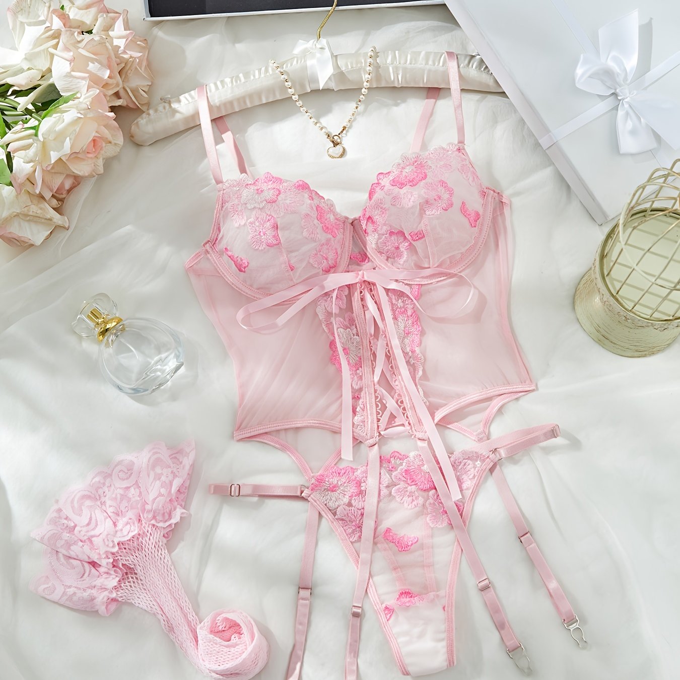 Pink Floral Embroidery Lingerie Set with Garter Belt and Stockings 4-Piece