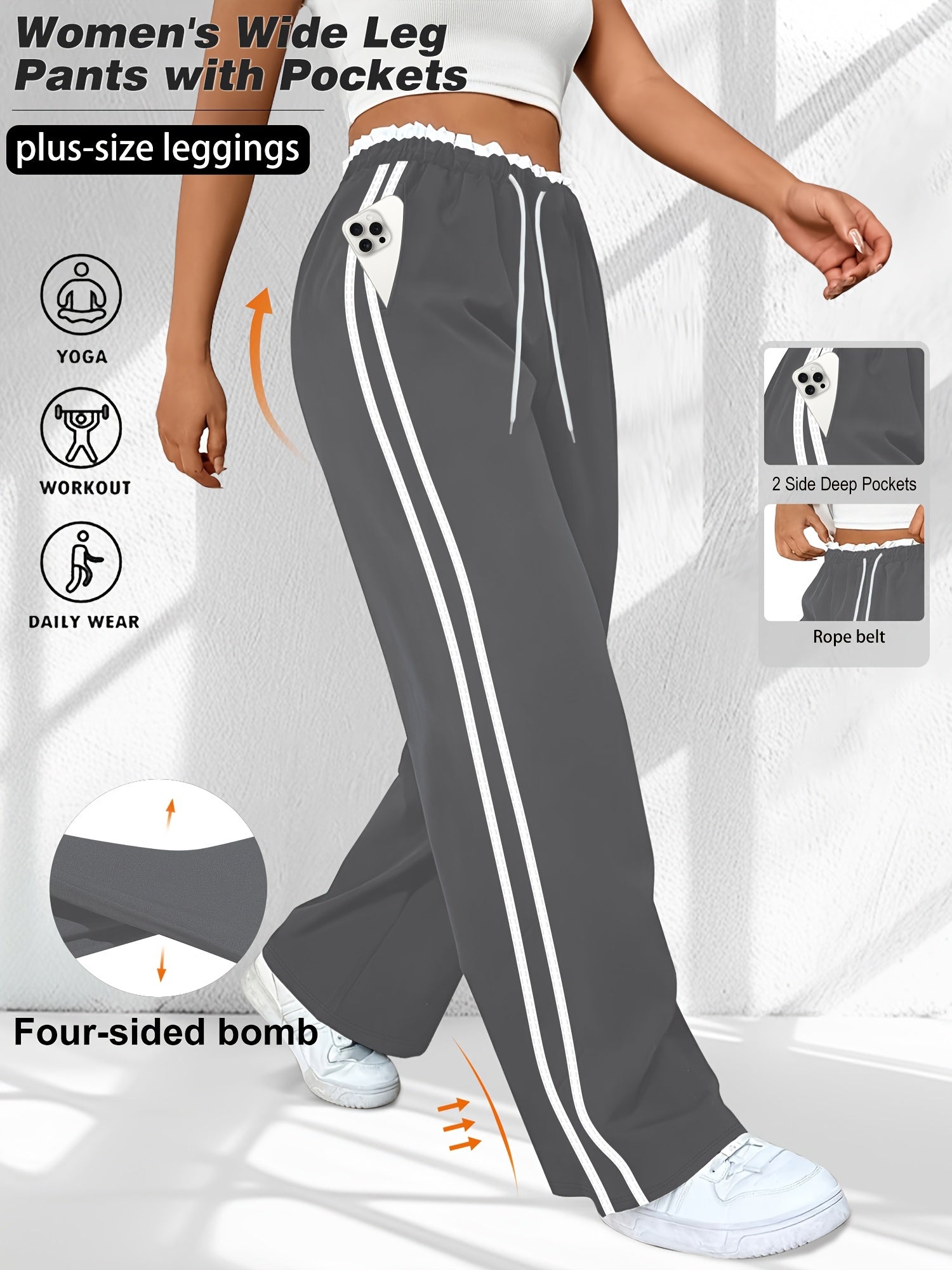 Women's Plus Size High-Waist Striped Joggers with Pockets, 7/8 Length Sports Pants