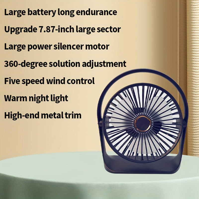 USB zaryadlash bilan portativ stol ventilyatori - turli xil va sozlanadigan 5 tezlik rejimlari, uy, ofis, yotoqxona, oshxona va o'qish uchun qulay havo oqimi - mukammal portativ va qulay
