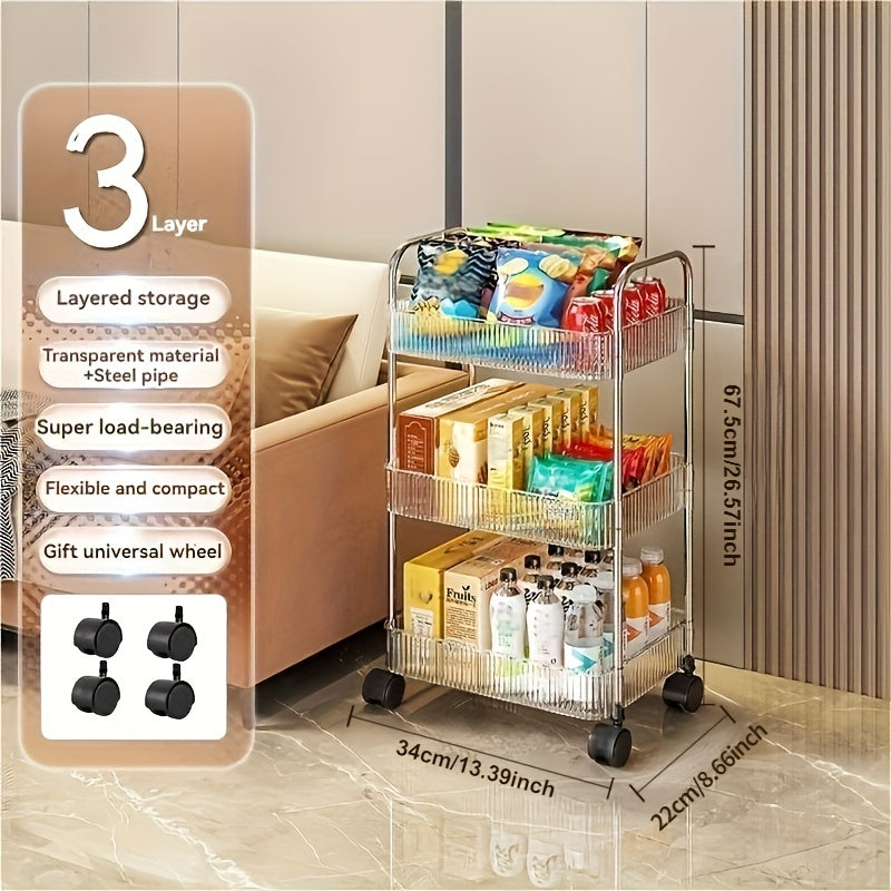 Acrylic Rolling Storage Cart with 3/4 Transparent Layers and 360° Wheels for Bedroom Bathroom Kitchen