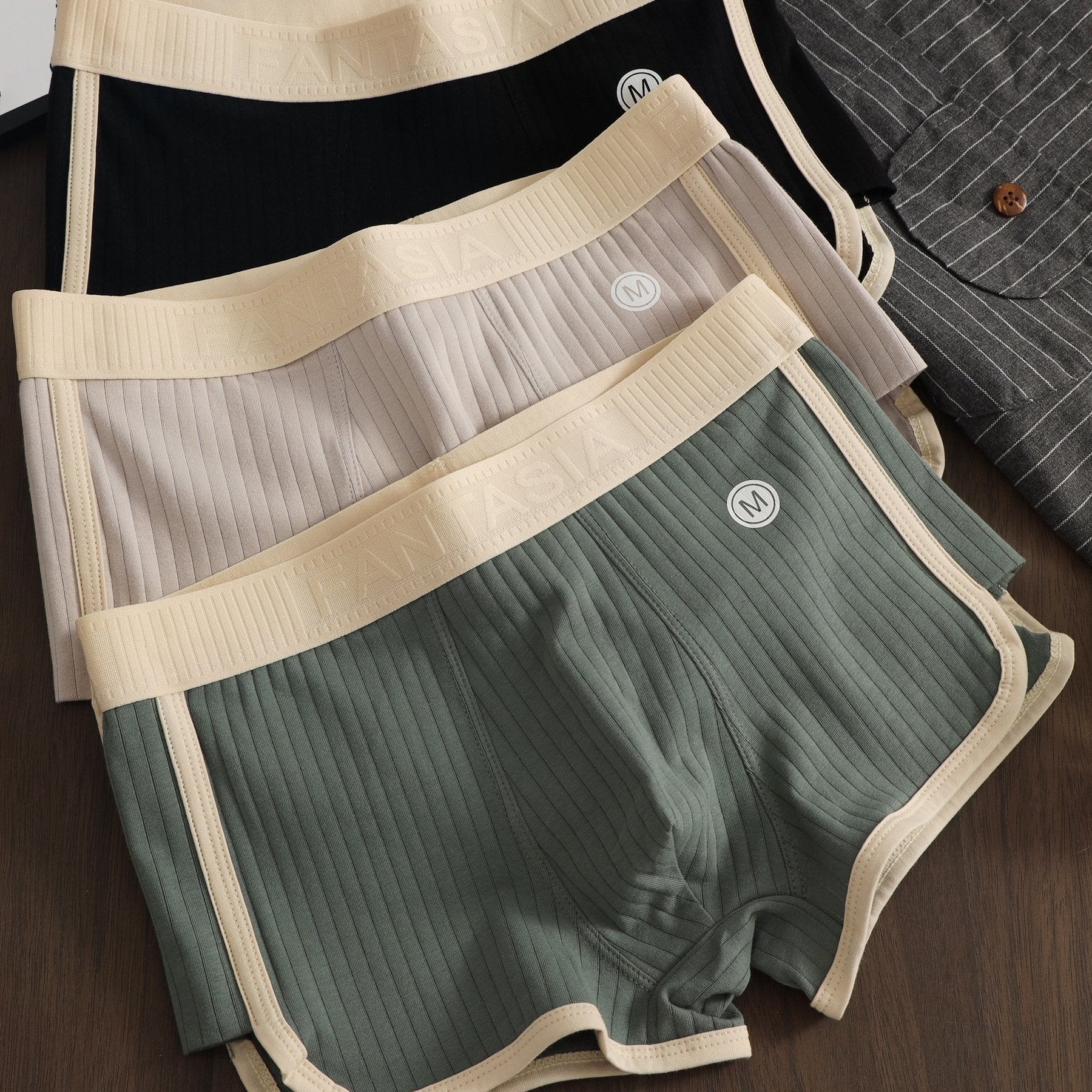 Men's Ribbed Cotton Boxer Briefs 3-Pack Geometric Pattern Knit Medium Stretch Shortie Underwear