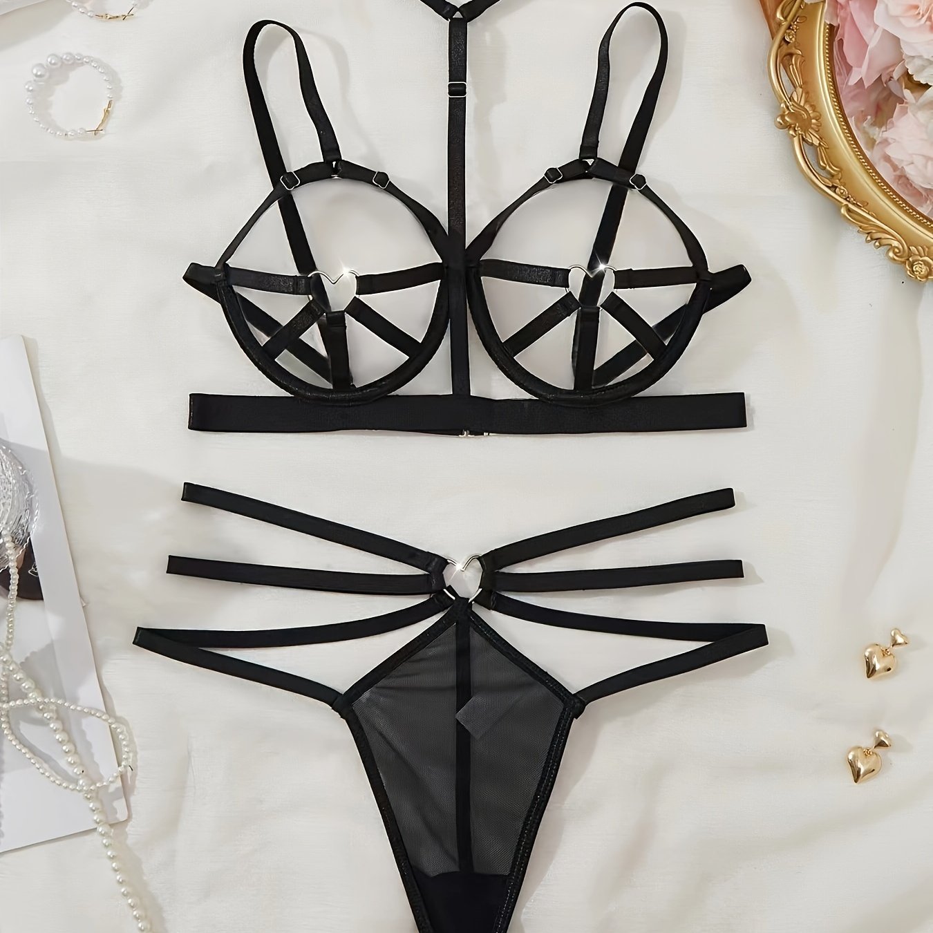 Women's Strapless Backless Lingerie Set with Paneled Design and Hollow Bra