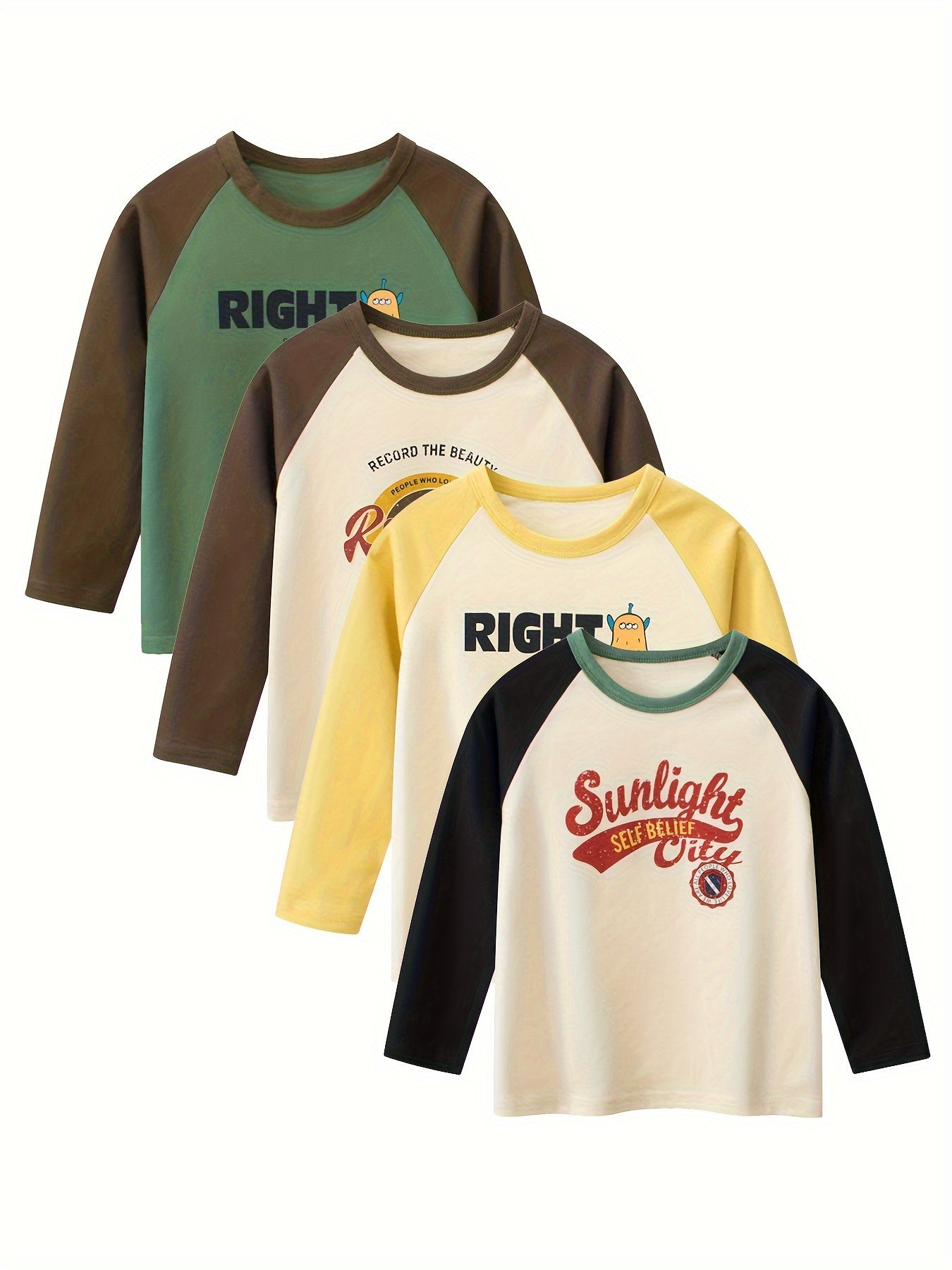 Set of 4 Boys' Cotton Long Sleeve T-Shirts with Cartoon Print Crew Neck for Spring Fall