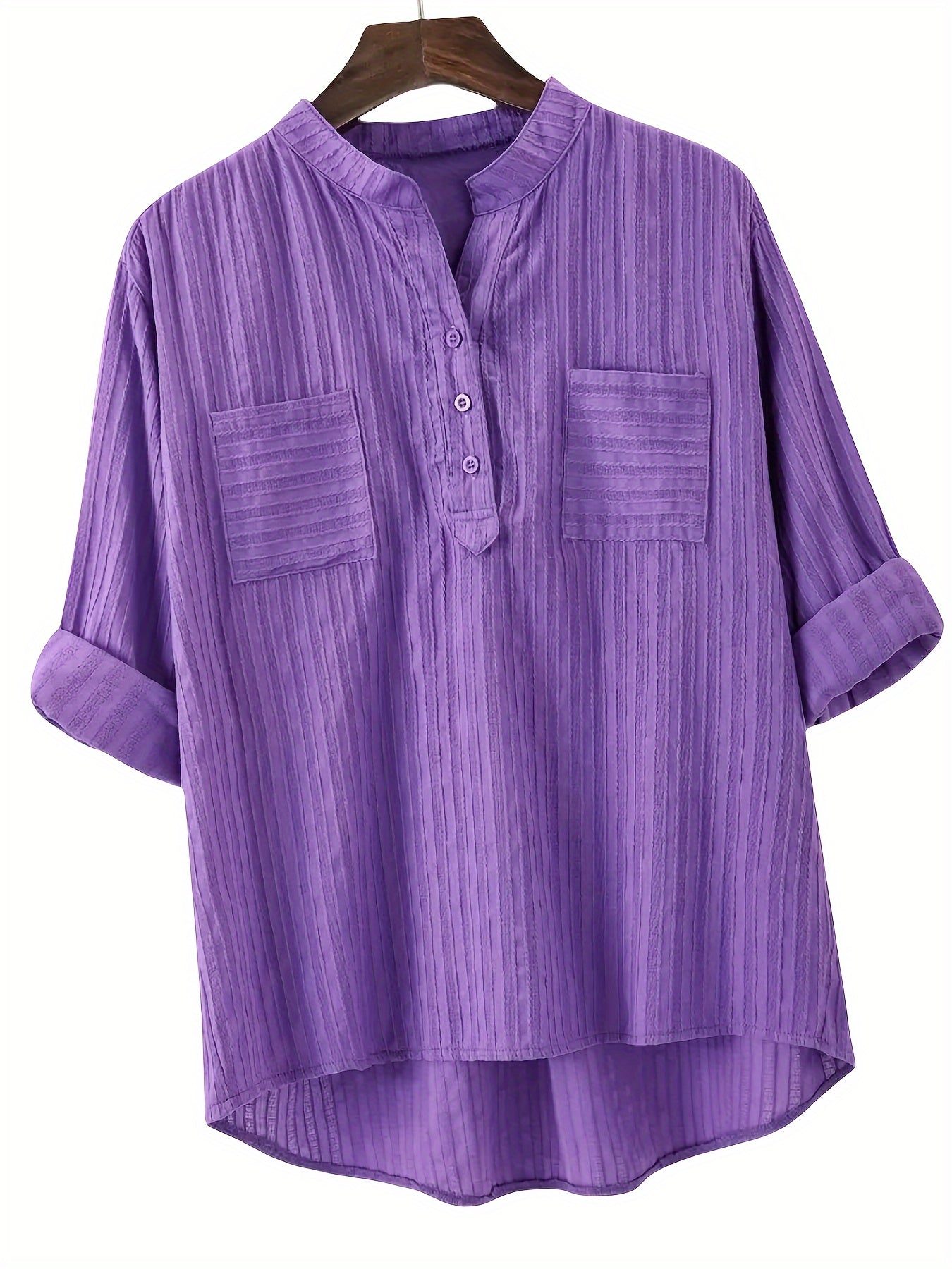 Women's Linen Blend Long Sleeve Shirt with Lapel Collar and Woven Button Details