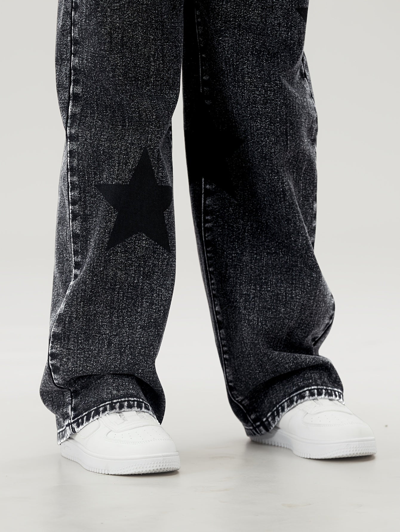 Kids' Wide-Leg Denim Jeans with Star Pattern Elastic Waist Non-Stretch Cotton