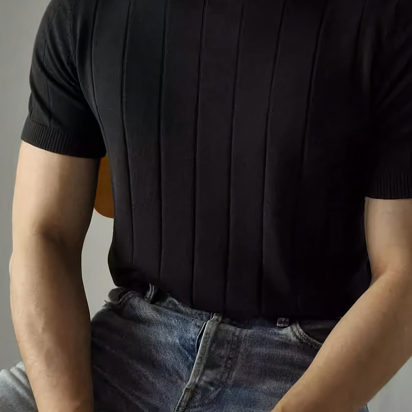 Men's Red Short Sleeve Crew Neck Knit Sweater with Stretch Fabric for Casual and Outdoor Wear