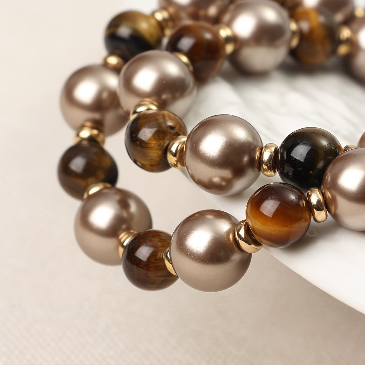 Women's Autumn Winter Necklace with Tiger Eye and Imitation Pearl Beads