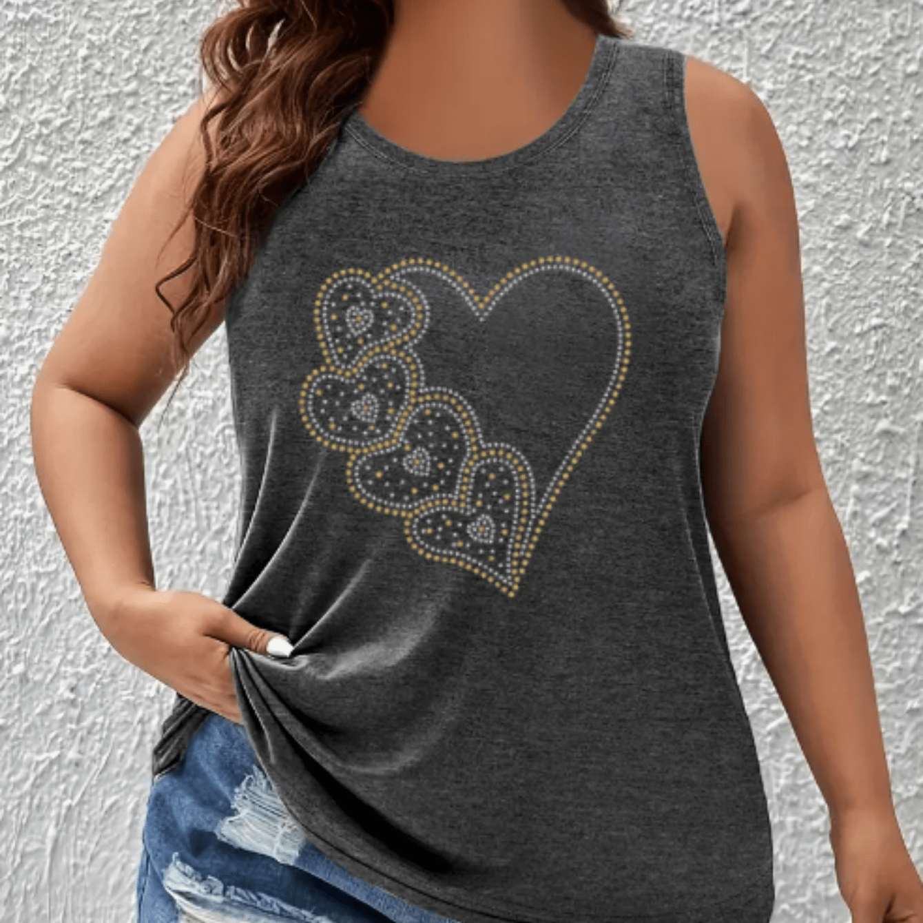 Plus Size Women's Heart Print Tank Top Off-Shoulder Breathable Stretchy Summer Casual