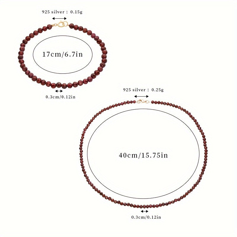 Garnet Jewelry Set with Beaded Necklace and Bracelet Boho Style Natural Gemstone Hypoallergenic Dual Layer Silk Thread